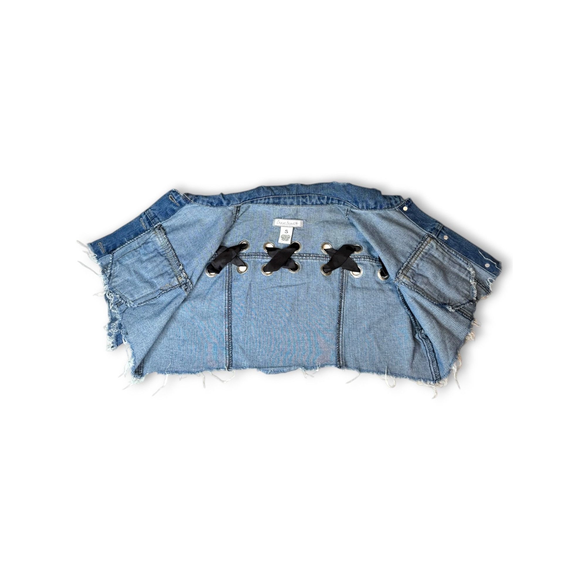 Almost Famous Crave Fame Denim Crop Jacket Distressed Hem Lace-Up Back Siz Size S / US 4 / IT 40 - 7 Thumbnail