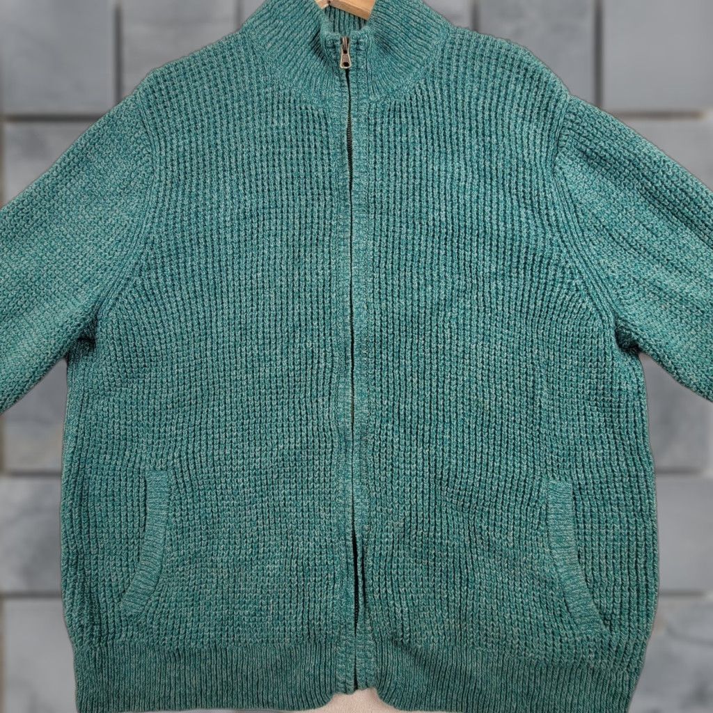 Vintage LL Bean Sweater Mens Large Waffle Knit Full Zip Green Pockets Heavyweight Casual Size US XL / EU 56 / 4 - 1 Thumbnail