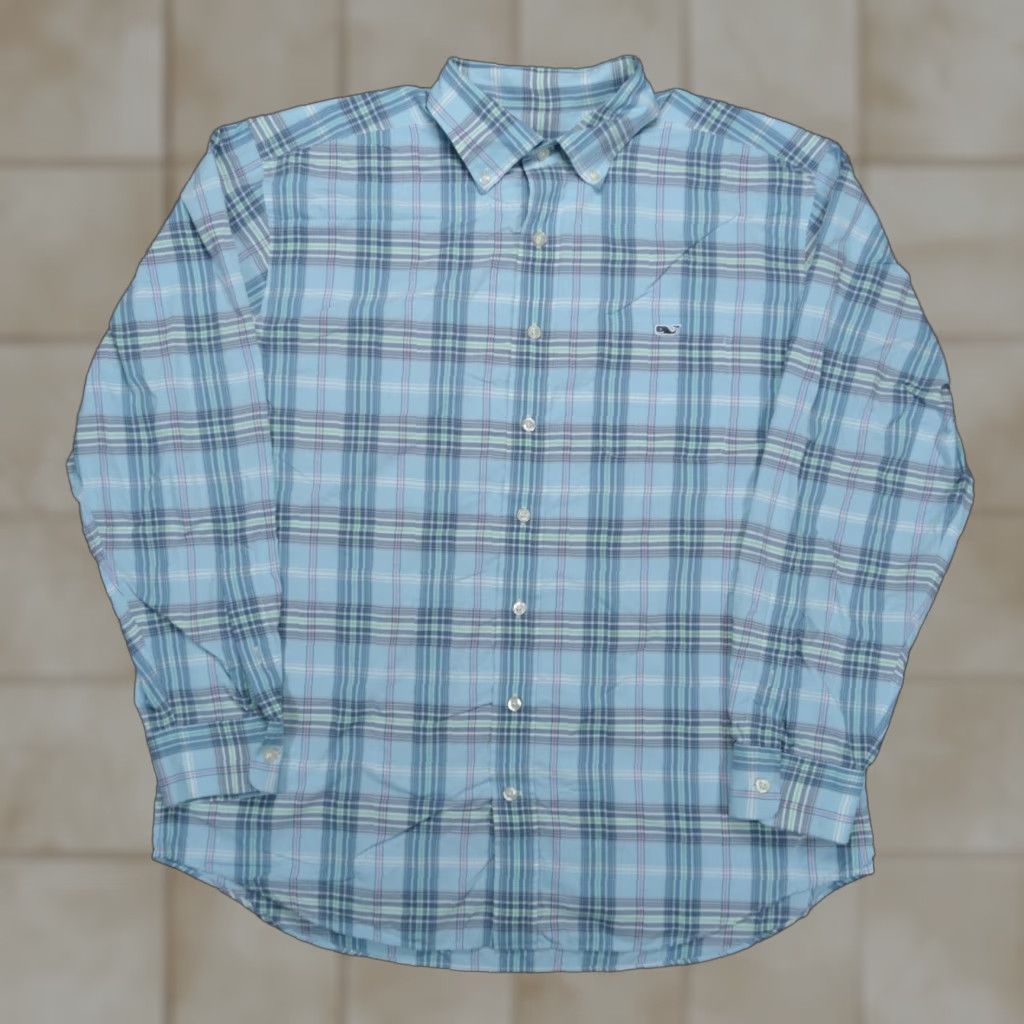 VINTAGE Vineyard Vines Men’s Long Sleeve Button-Up Shirt Casual Formal Plaid Nylon Medium Blue