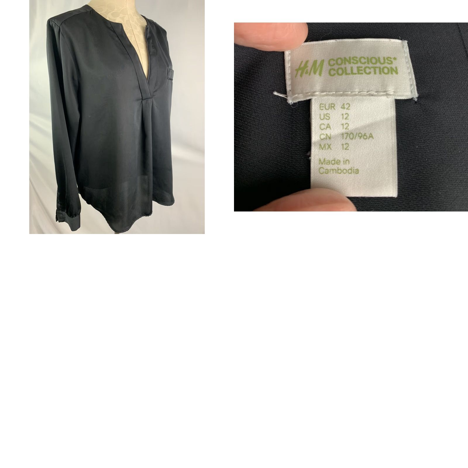 H&M 12 H&M Conscious Collection Blouse Women's Black Long Sleeve V-Neck Pullover Size XL / US 12-14 / IT 48-50 - 8 Thumbnail