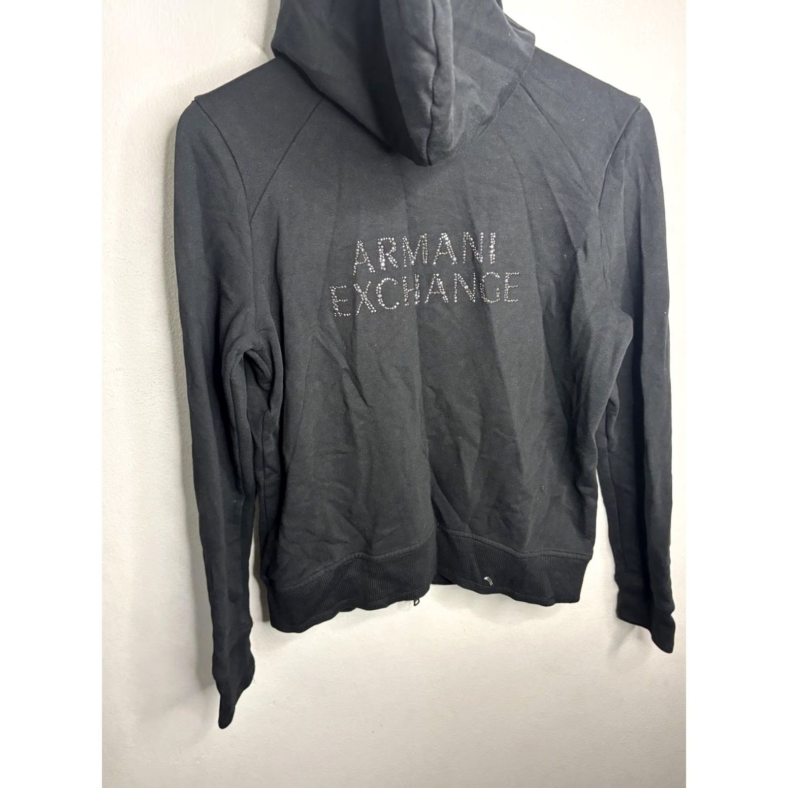 Armani Exchange VINTAGE Armani Exchange Hoodie Womens Large Black Full Zip Hooded Sweatshirt Rhinestone Logo Size L / US 10 / IT 46 - 2 Thumbnail