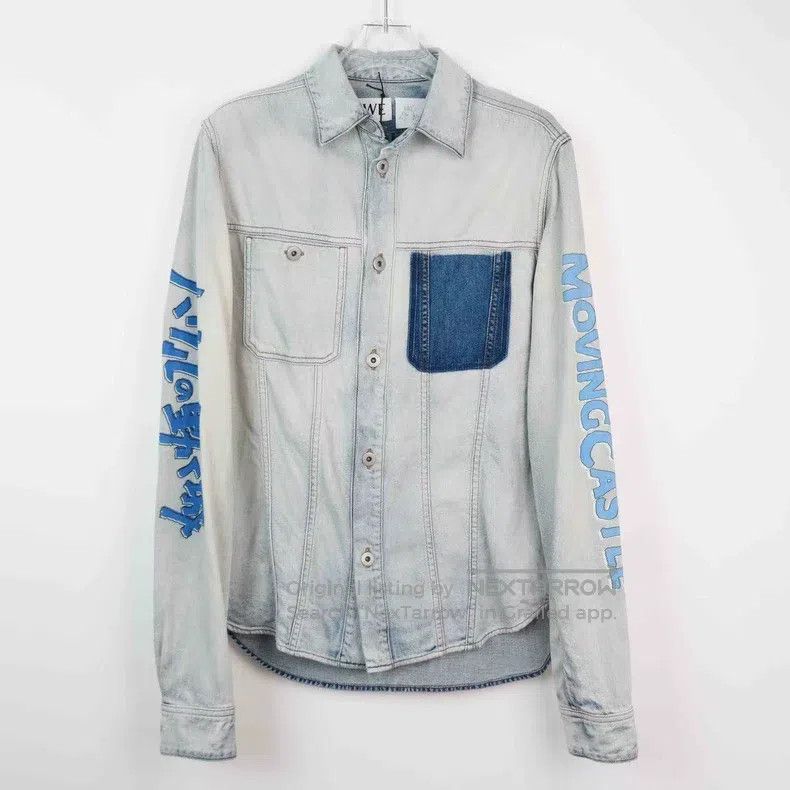 Loewe Miyazaki Castle embroidery light blue denim shirt