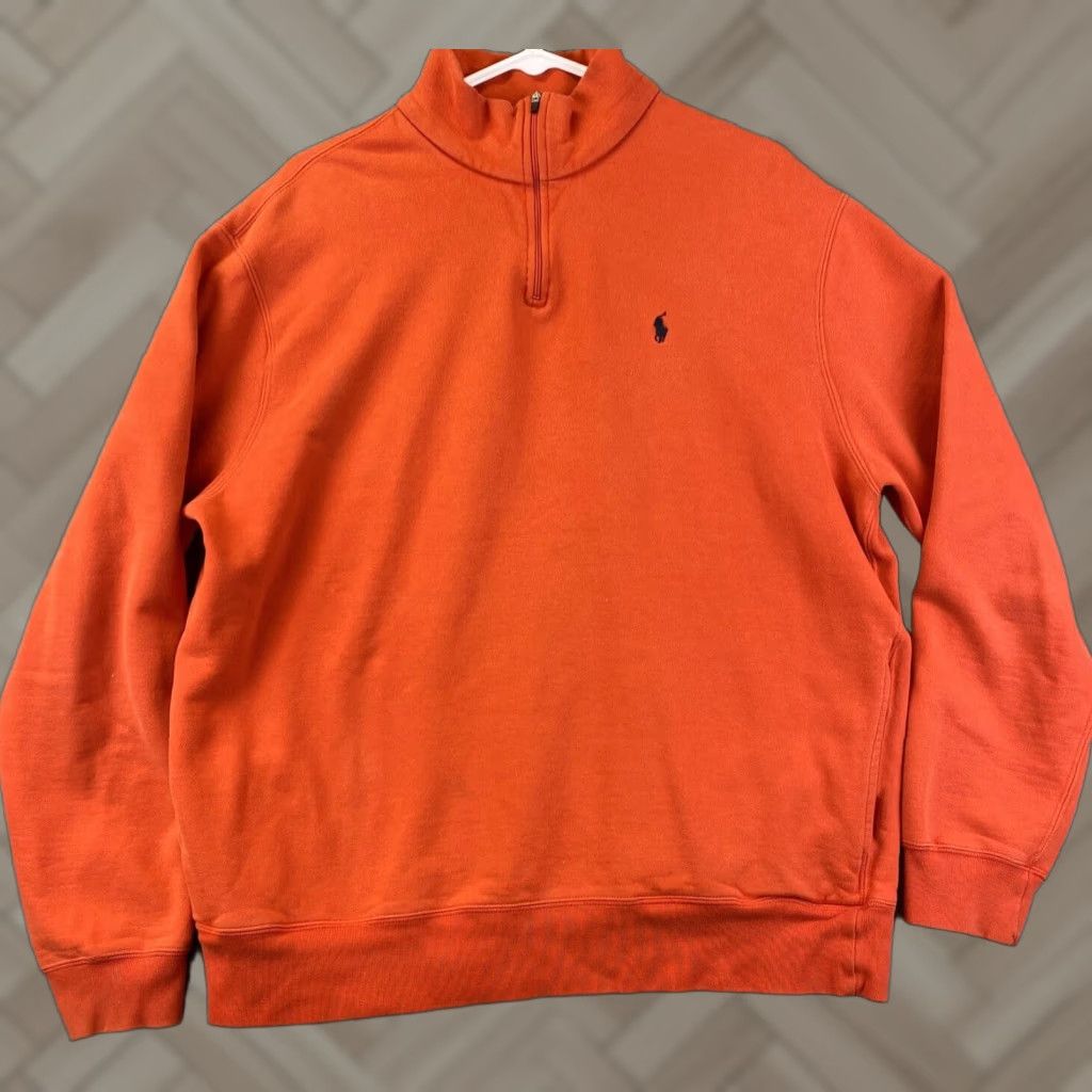 Polo Ralph Lauren Men's Large Orange Fleece Sweatshirt Pullover Mock Neck Fall Winter Spring