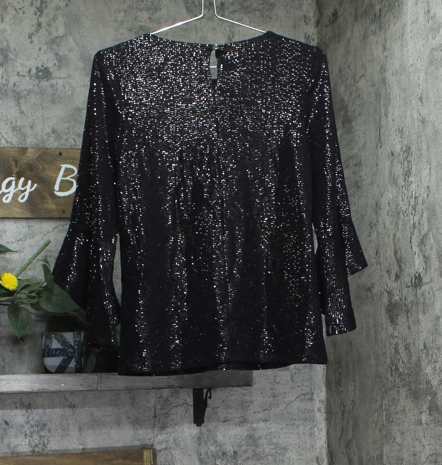 Other Nwt Kasper Sequin Ruffle Sleeve Top Blouse 10915717 Black S Size S / US 4 / IT 40 - 2 Thumbnail