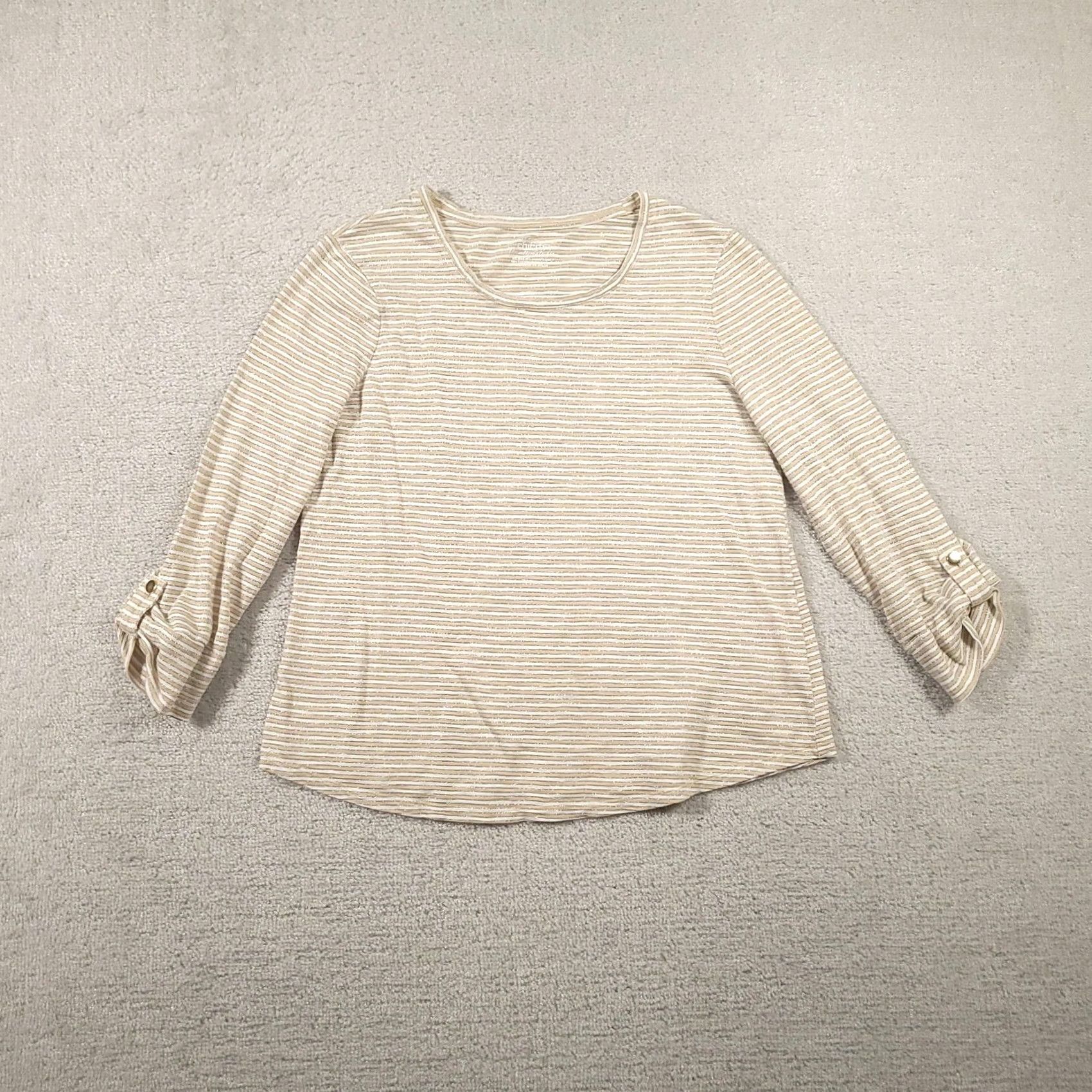 Vintage Chico's Ultimate Tee Shirt Womens M Beige White Stripe Metallic Tab Sleeve Shirt Size M / US 6-8 / IT 42-44 - 2 Thumbnail