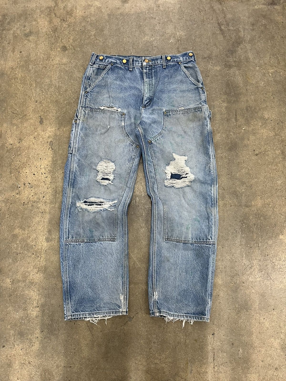 image of 90’S Carhartt Double Knee Denim Thrashed Pants 36X32 in Blue, Men's