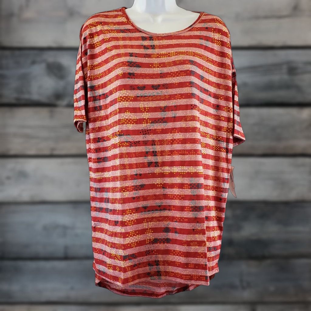 Vintage LuLaRoe Irma Top XS Red Yellow Stripes Short Sleeve Womens T-Shirt Tunic Shirt 72% polyester 24% rayon 4% spandex Size XS / US 0-2 / IT 36-38 - 1 Thumbnail