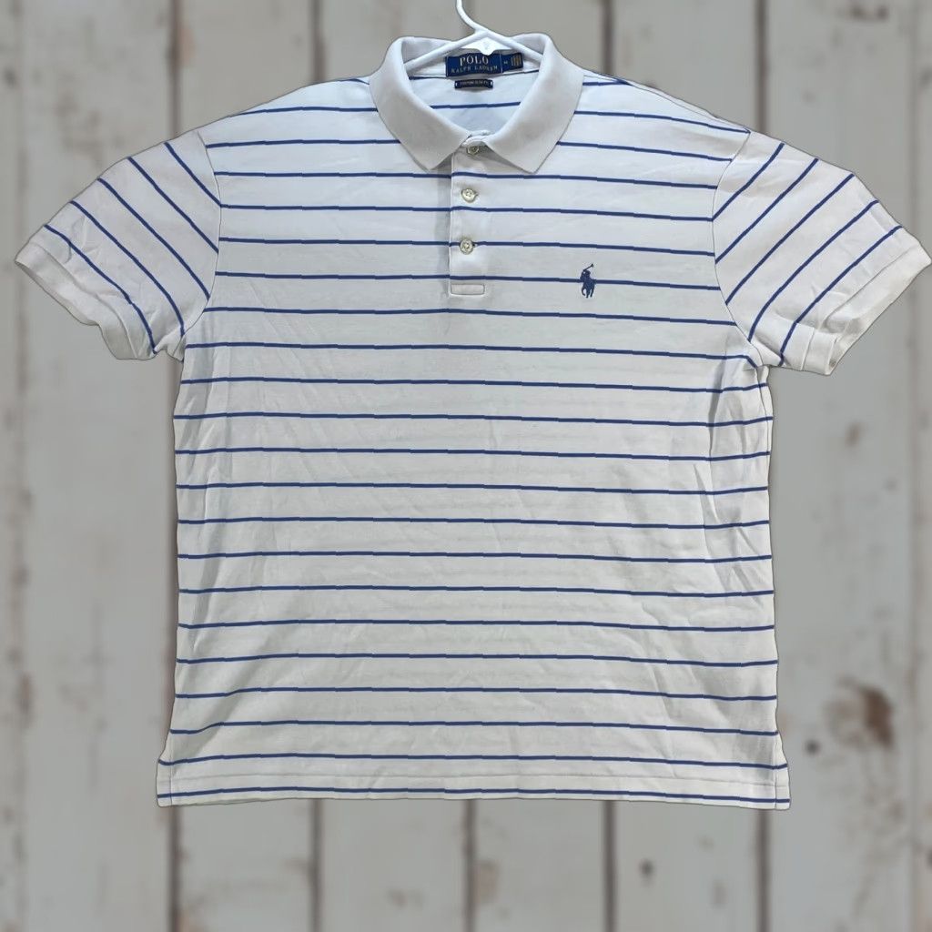 Ralph Lauren VINTAGE Polo Ralph Lauren Polo Shirt Mens M Medium White Blue Pony Striped Short Sleeve Slim Fit Size US M / EU 48-50 / 2 - 1 Thumbnail