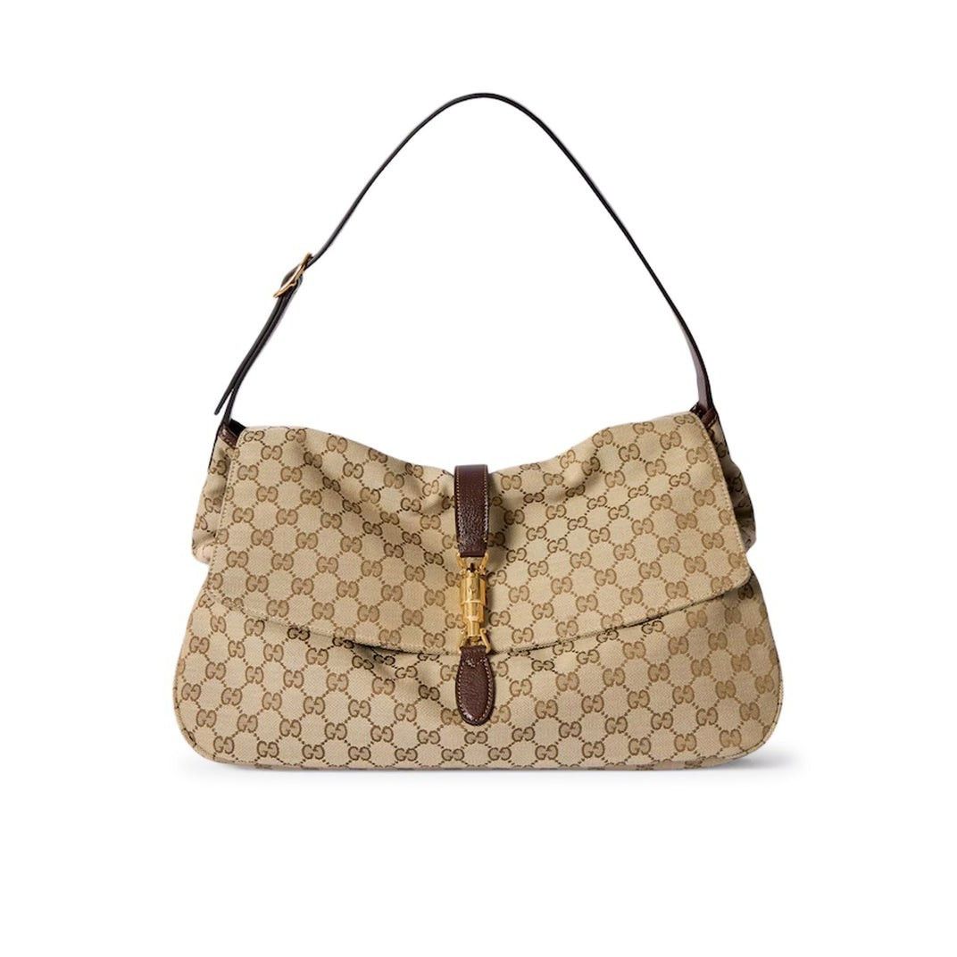 Gucci $3400 Jackie Flap Large Sand Brown Gg Canvas Crossbody, Women's