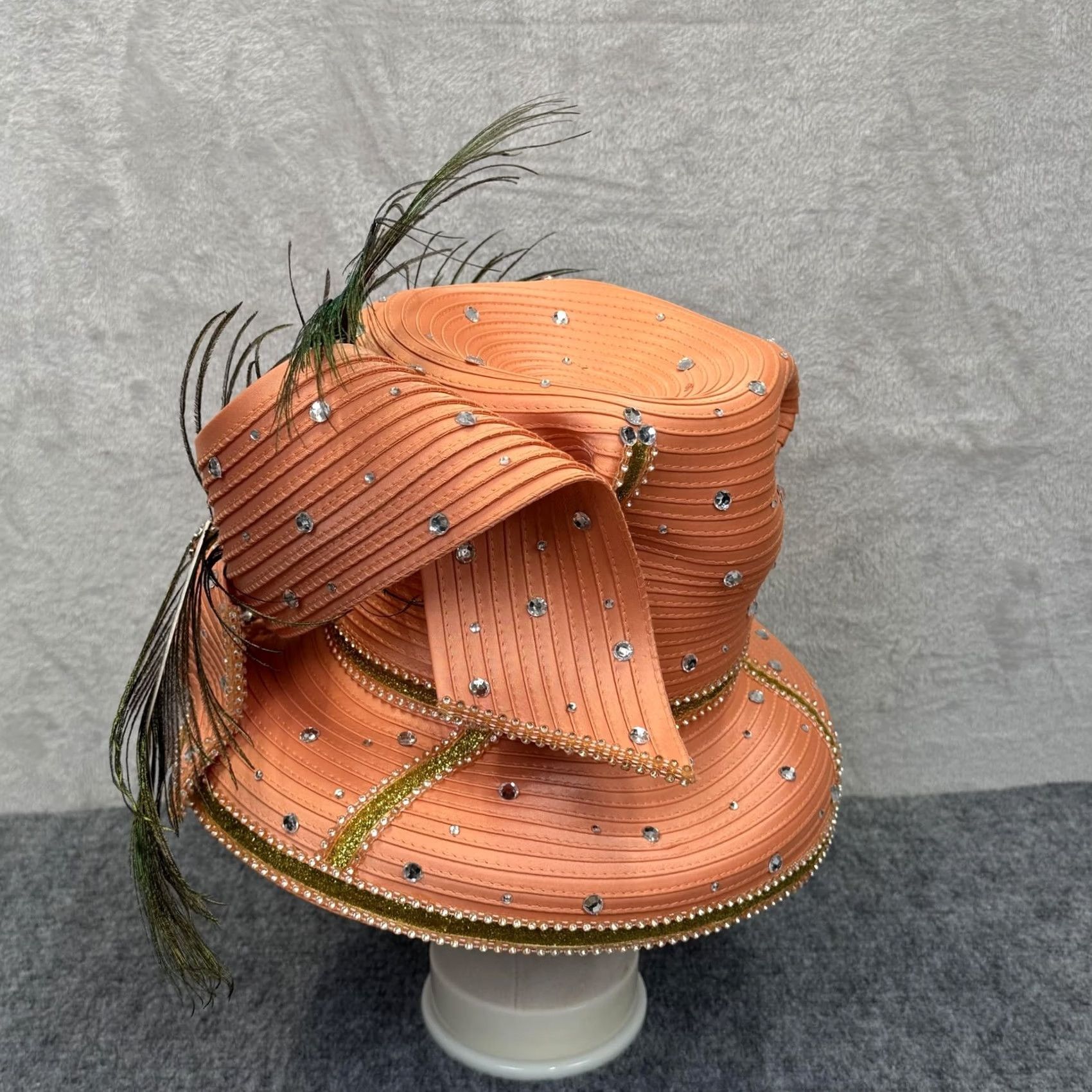 VINTAGE Elite Champagne Orange Satin Cloche Hat Rhinestone 