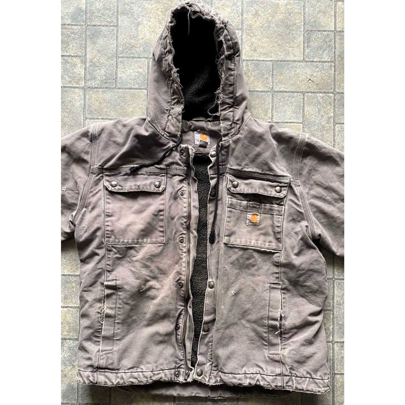Carhartt VINTAGE Carhartt Hooded Jacket Coat Gray Mens M Zipper Snaps Damaged Sherpa Lined Size US M / EU 48-50 / 2 - 3 Thumbnail