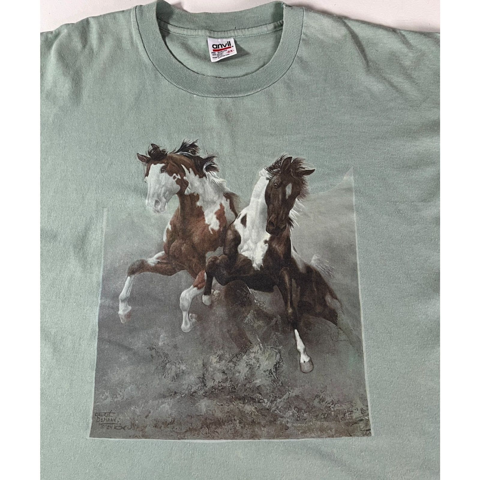Anvil VINTAGE Anvil Chuck Dehaan Horses Art T-Shirt 2X Unisex Adults Green 80s 1989 Made in USA Short Sleeve Crew Neck Cotton Size US XXL / EU 58 / 5 - 4 Thumbnail