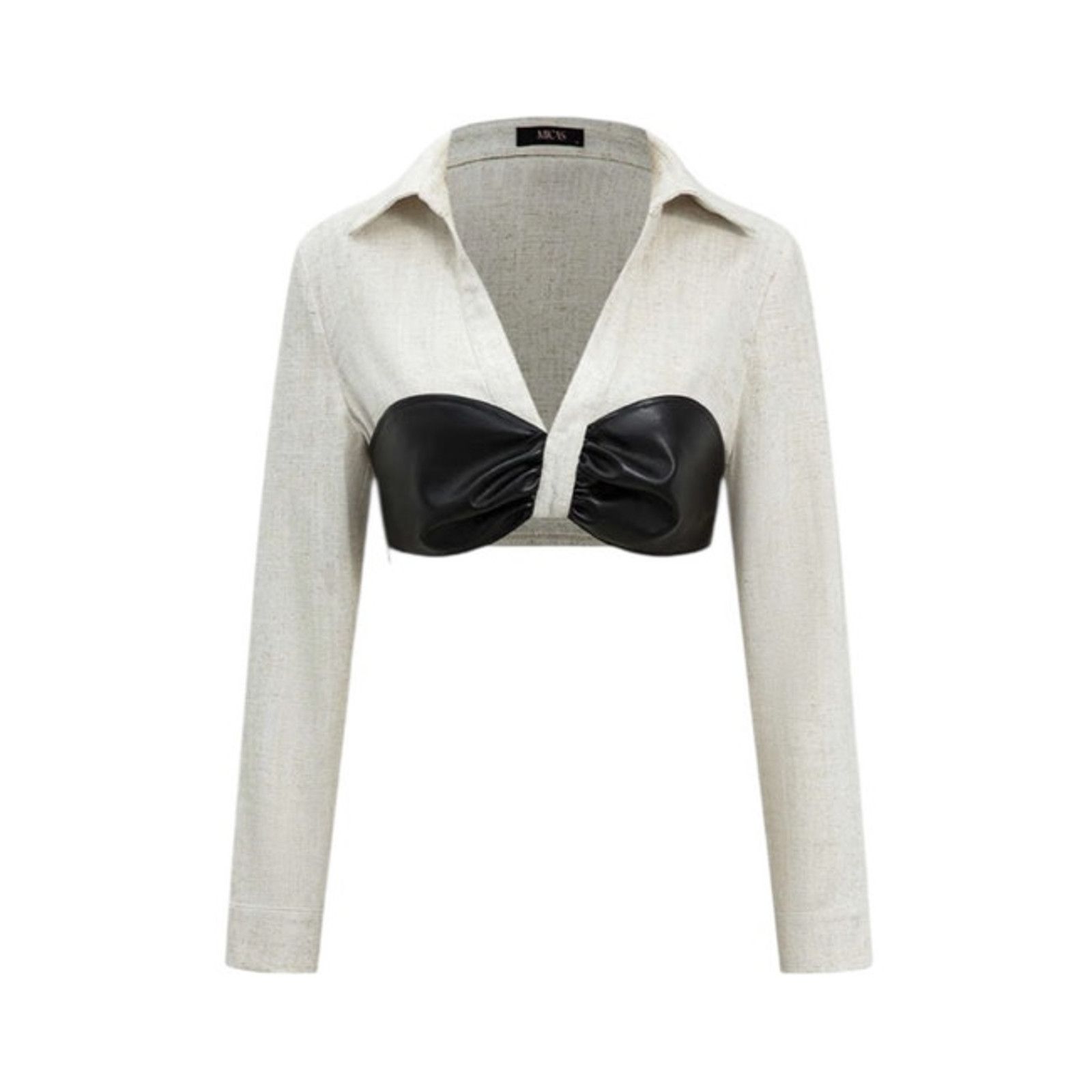 Other Beige Colorblock Faux Leather Linen Ruched Long-Sleeve Shirt Size L / US 10 / IT 46 - 1 Thumbnail
