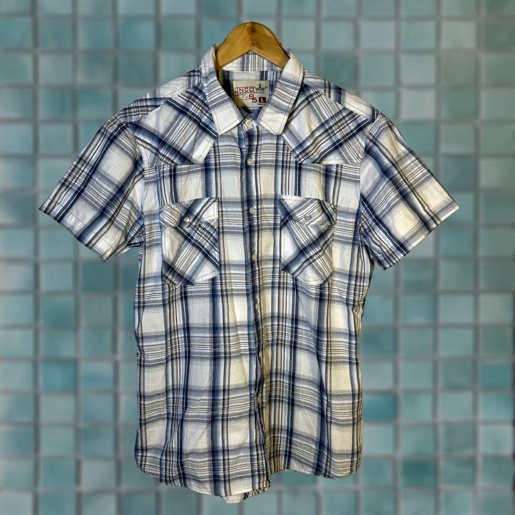 JNCO JNCO Crown Brand Mens Blue White Plaid Short Sleeve Western Button Up Shirt L Size US L / EU 52-54 / 3 - 1 Thumbnail