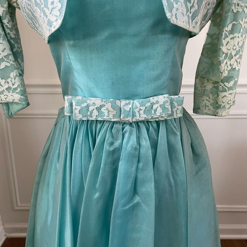 Vintage Vintage 60s Turquoise Blue Ivory Lace Fit & Flare Dress Shru Size XS / US 0-2 / IT 36-38 - 10 Thumbnail