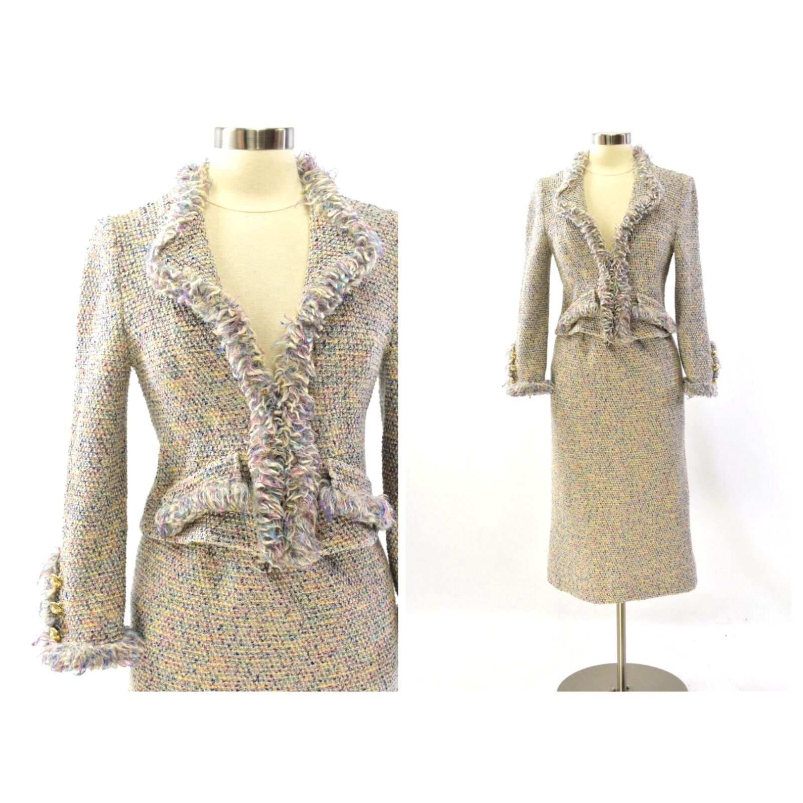 image of 50S/60S Vintage Boucle Textured Knit Wool Skirt Set Suit Womens S/m in White