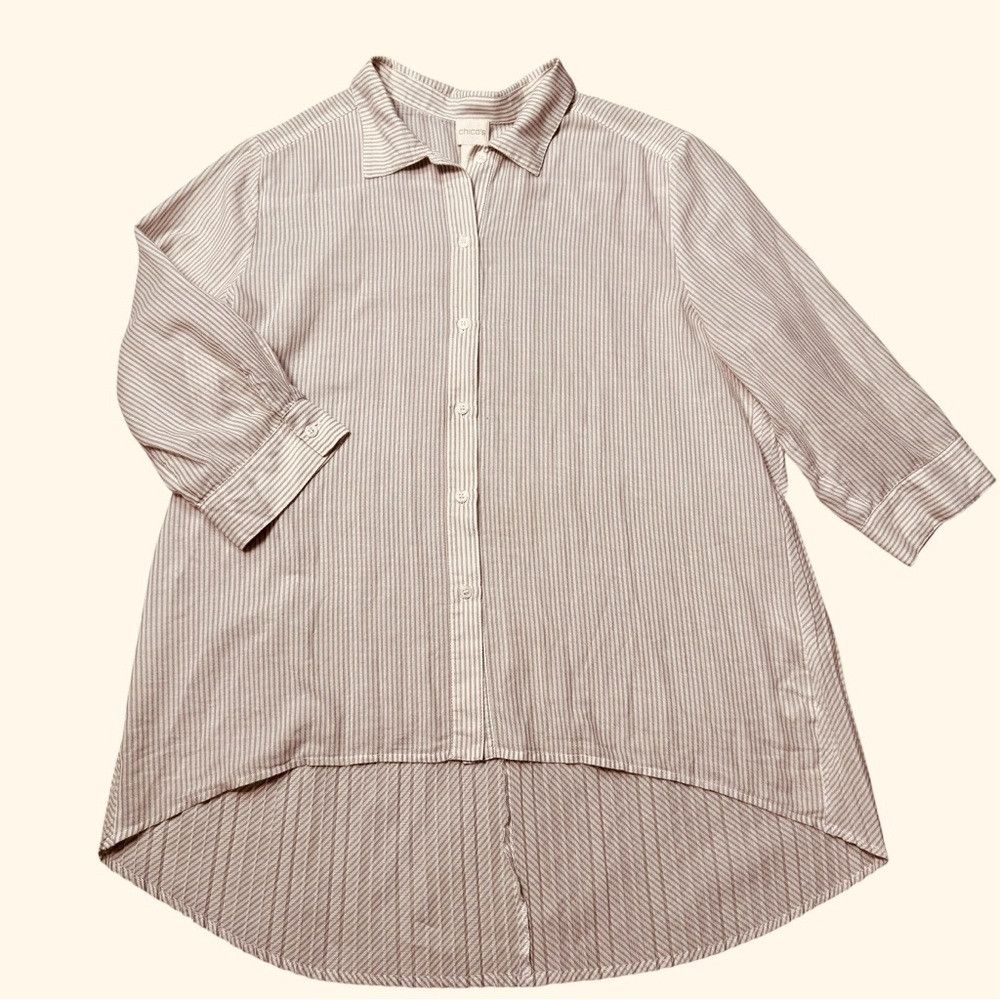 Chicos Chico's Pleated Back Hi-Low Roll Tab 3/4 Sleeve Striped Blo Size L / US 10 / IT 46 - 6 Thumbnail