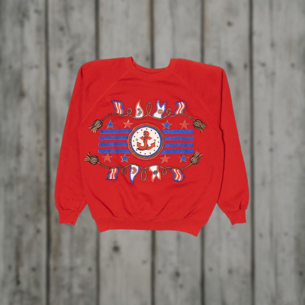 Hanes Vintage Red Nautical Sailor Raglan Sweatshirt Navy 1990s Hanes Large Red Raglan Sweatshirt Mens Women Size US L / EU 52-54 / 3 - 1 Thumbnail