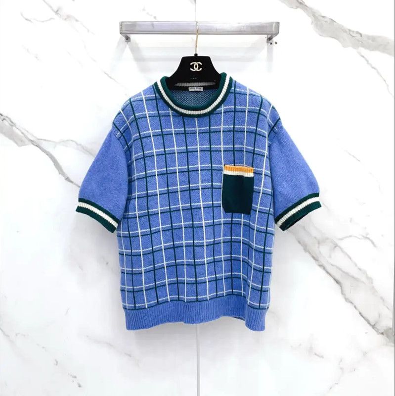 Miu Miu Miu Miu Blue Wool Check Short Sleeve T-Shirt 0089 Size L / US 10 / IT 46 - 1 Thumbnail