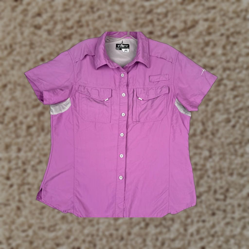 Habitat Habit Shirt Women Large Purple Button Up Cotton Vented Short Sleeve Fish Outdoor Casual Shirt Size L / US 10 / IT 46 - 1 Thumbnail