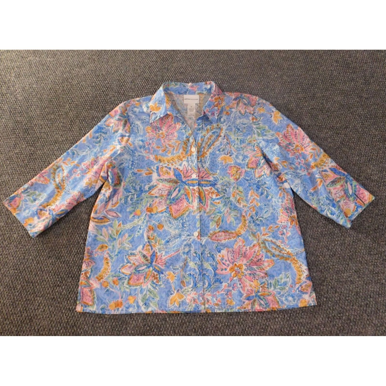 Vintage Alfred Dunner Button-Up Shirt Womens Medium Blue Floral Collared Short Sleeve Casual Regular Cotton Polyester Rayon Sheer Size M / US 6-8 / IT 42-44 - 4 Thumbnail