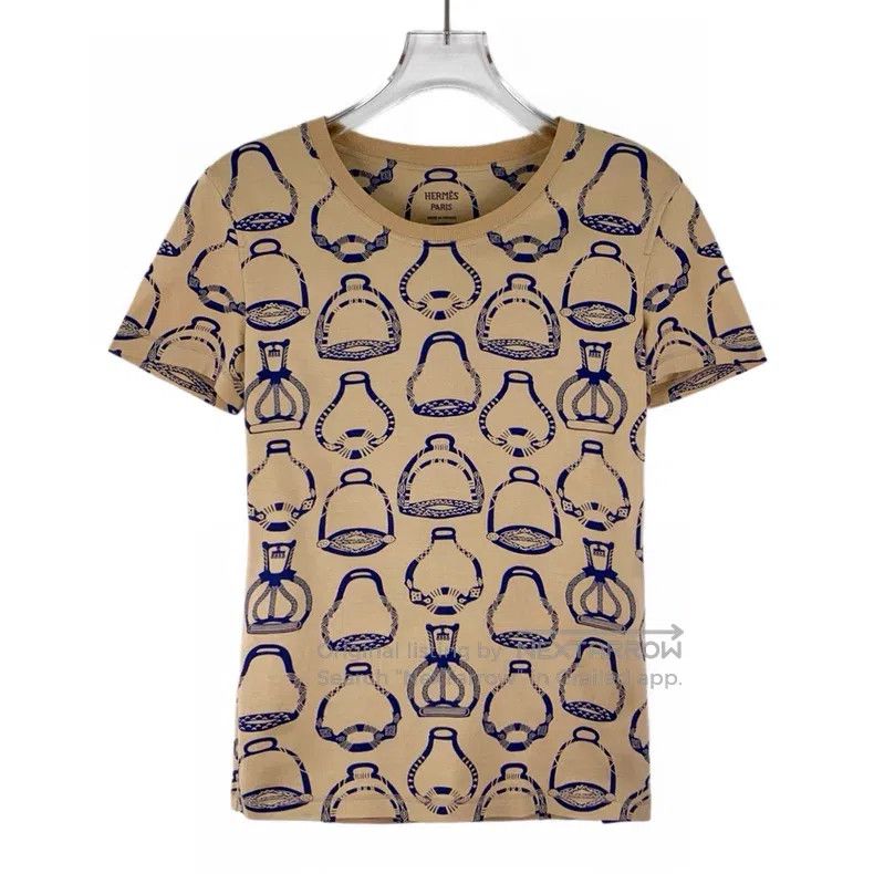 Hermes Hermes Brown Pattern Full Print Cotton Round Neck Short Sl Size XXS / US 00 / IT 34 - 1 Thumbnail