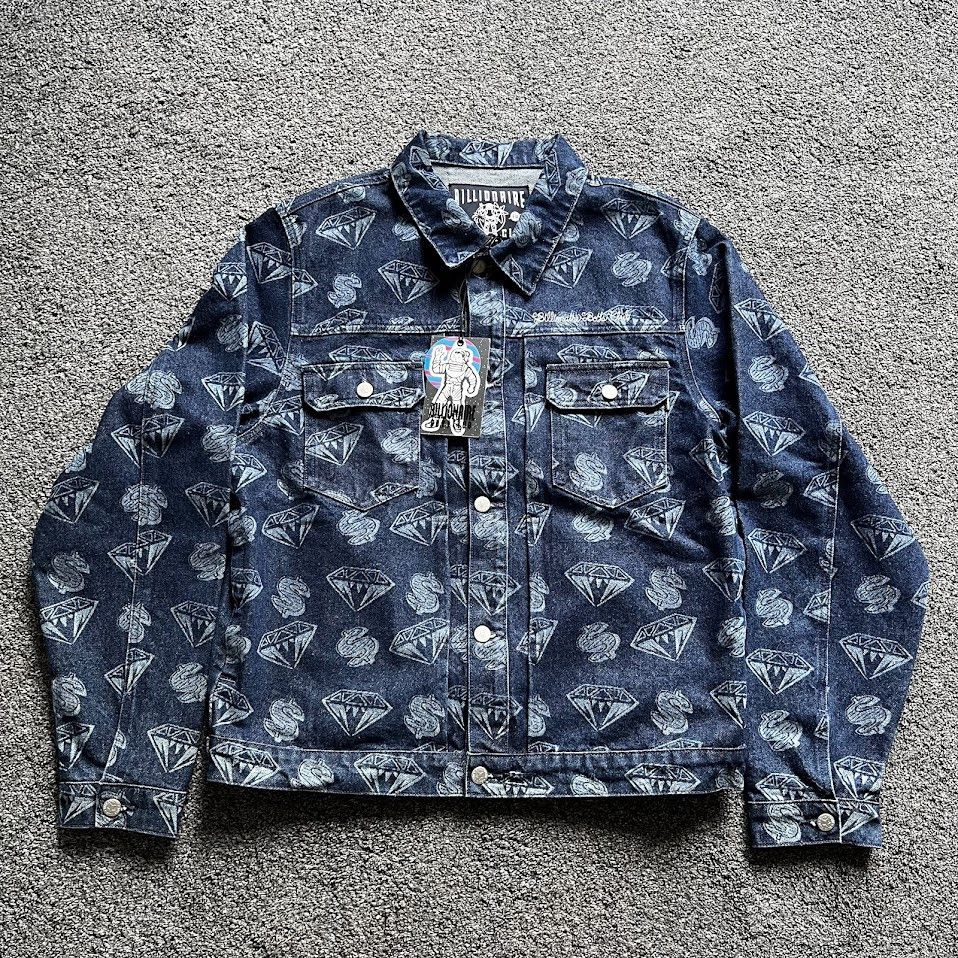 image of Billionaire Boys Club Spring 2023 Diamonds & Dollars Printed Denim Jacket in Indigo (Size Large)