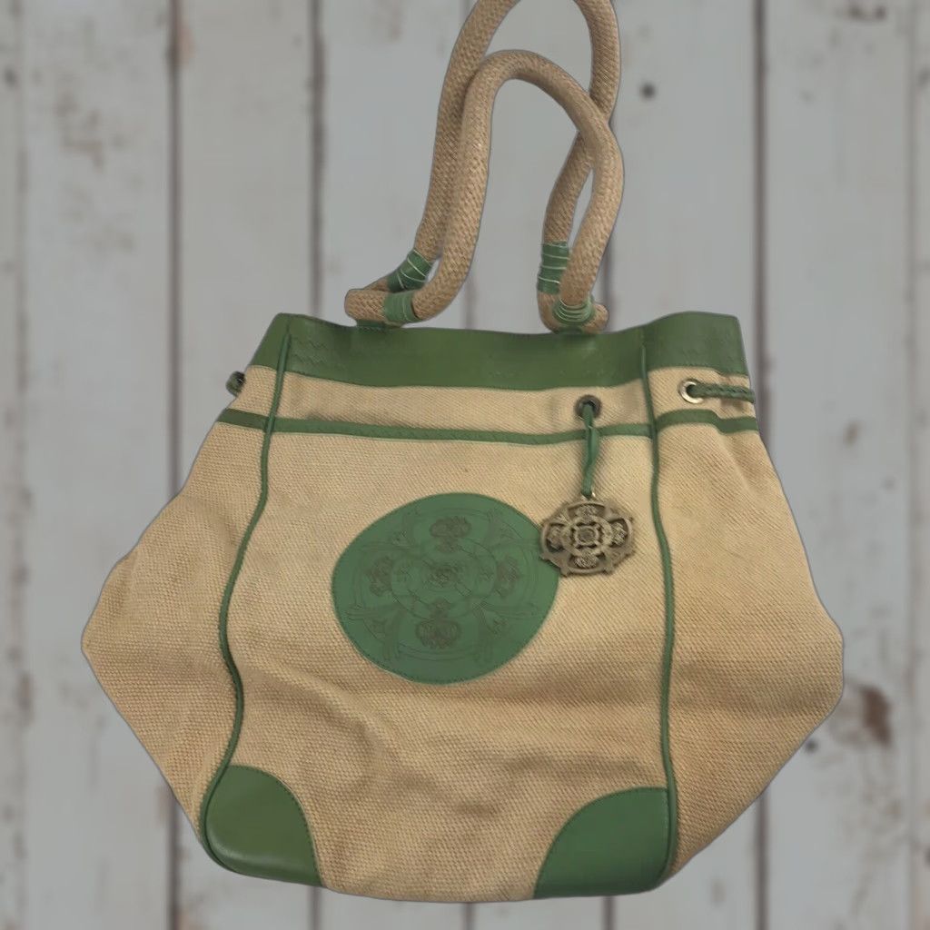Vintage Kate Landry X-Large Shoulder Bag In Beige/green Jute & Leather With Studded Accents, Casual/party/travel, Womens in White
