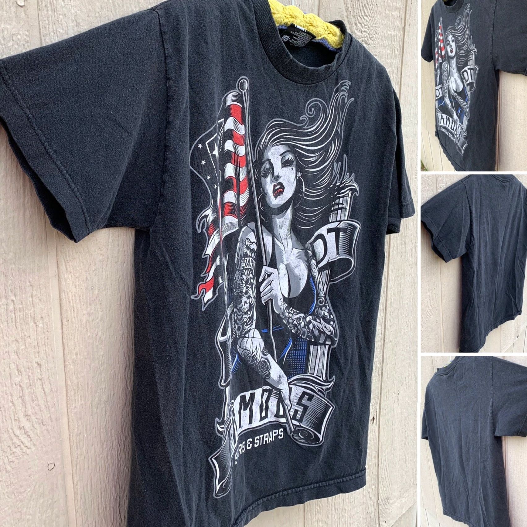 Vintage Famous Stars & Straps T-Shirt M Black Cotton Graphic Print Tattooed Woman Flag American Tattooed Woman Lady Female 1990s 80s? Size US M / EU 48-50 / 2 - 2 Thumbnail