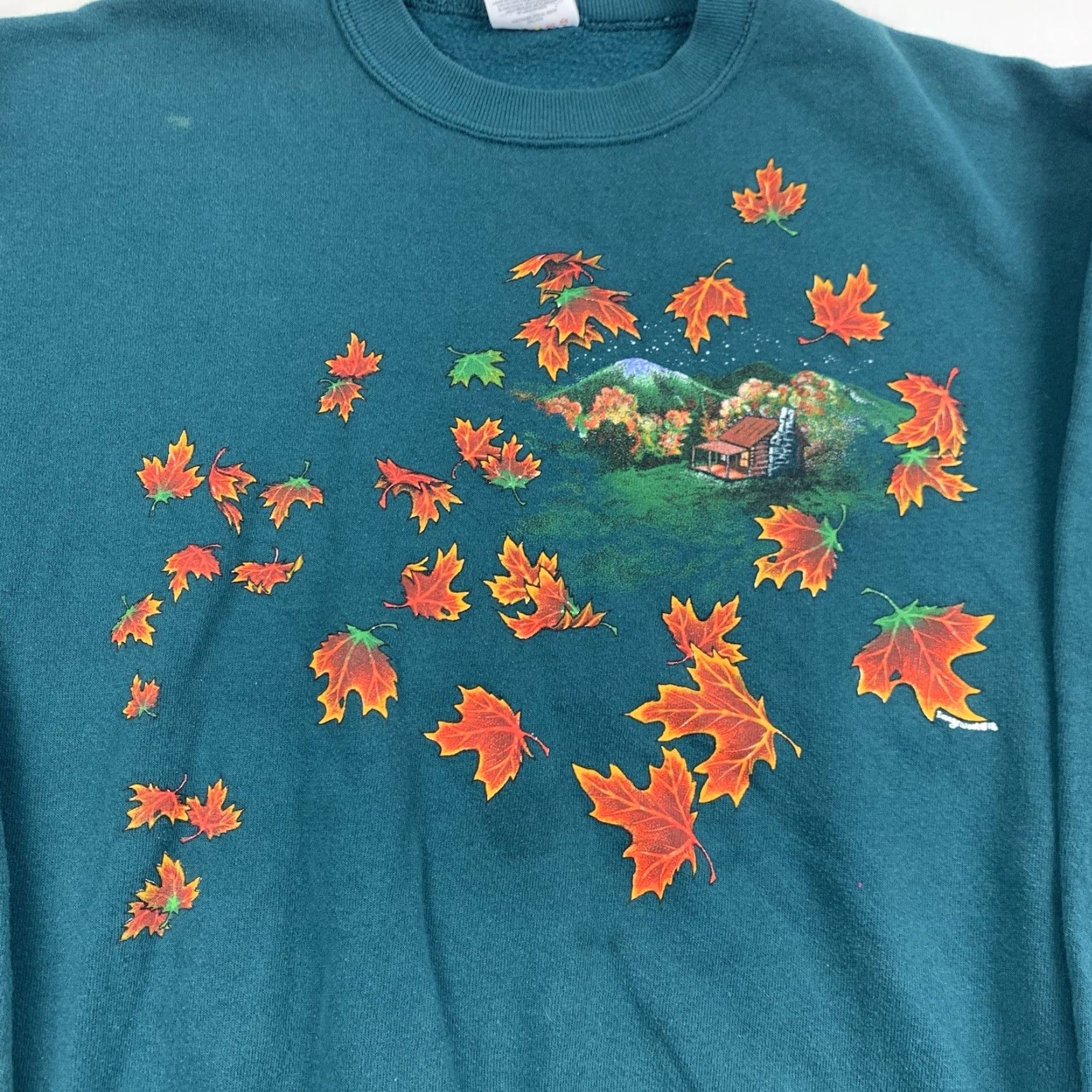 Jerzees VINTAGE Jerzees Sweatshirt Shirt Men M Green 90s Nature Fall Log Cabin Pullover Crew Neck Small Bleach Stains Included Size US M / EU 48-50 / 2 - 2 Thumbnail