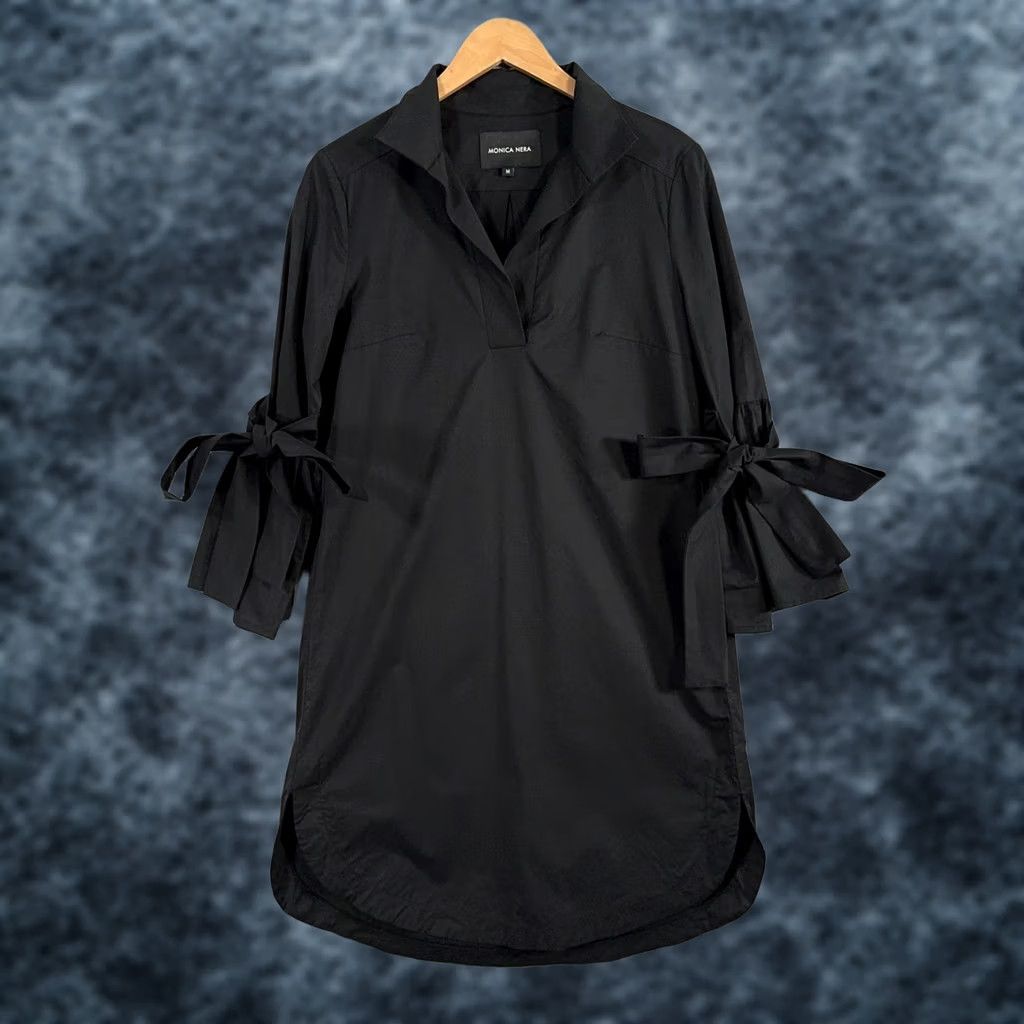 Bell VINTAGE Monica Nera Shirt Dress Medium Black Bow Tie Bell Sleeve Casual Mini Poland Size M / US 6-8 / IT 42-44 - 1 Thumbnail