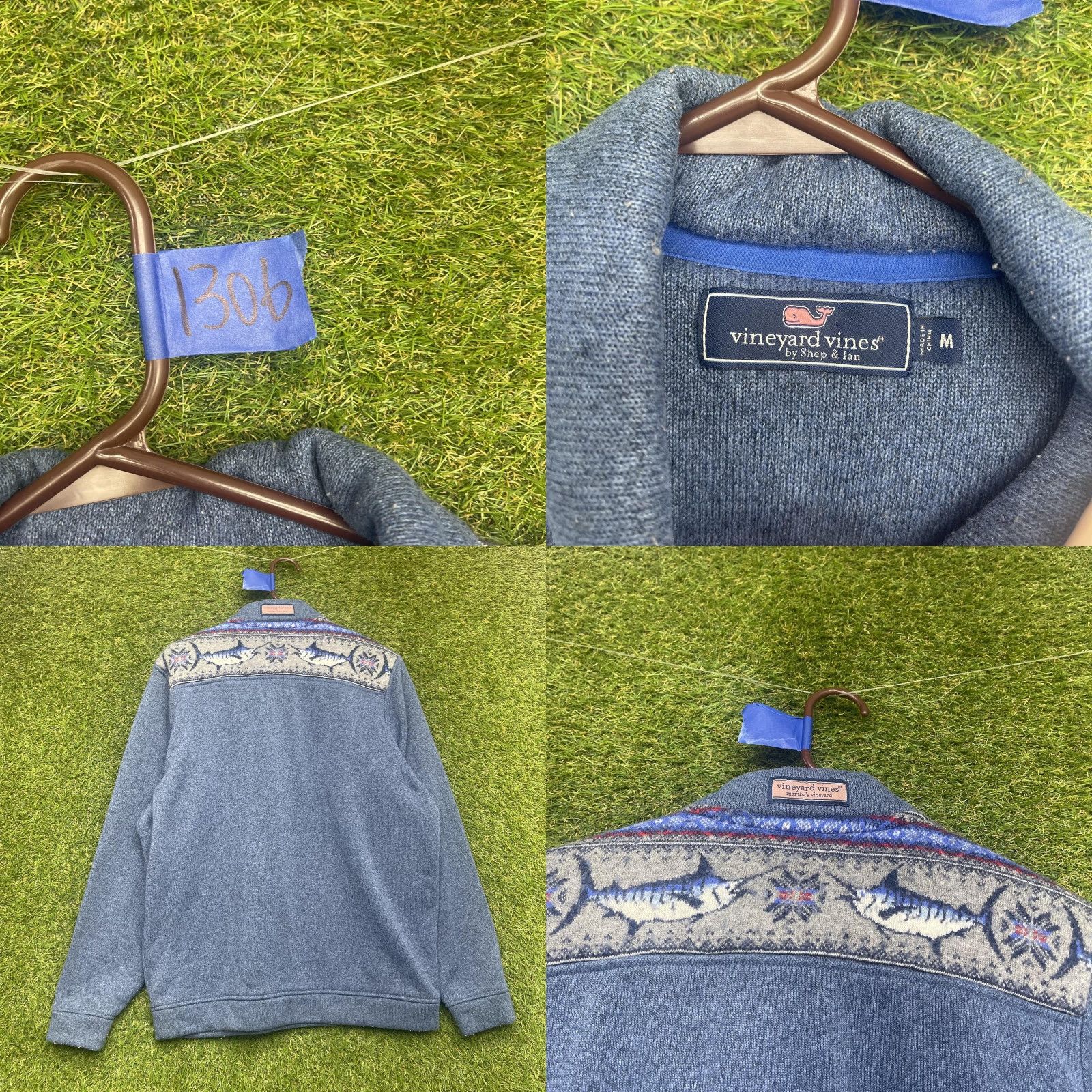 Vineyard Vines Vineyard Vines Sweater Mens Medium Blue 1/4 Zip Mock Neck Fish Graphic Pullover Size US M / EU 48-50 / 2 - 8 Thumbnail