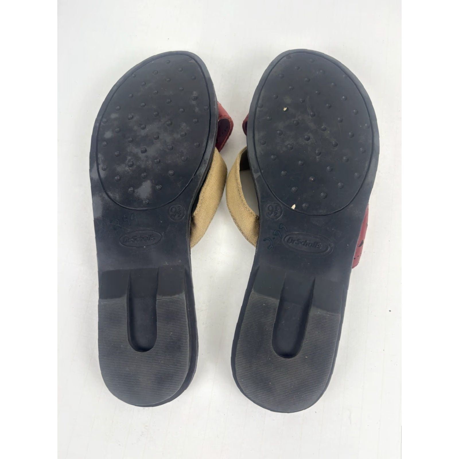 Scholl VINTAGE Dr Scholls Wyoming Flat Slides Womens Size 9.5M Open Toe Slip On Leather Canvas Red/Tan Casual Summer Women Size US 9.5 / IT 39.5 - 6 Thumbnail