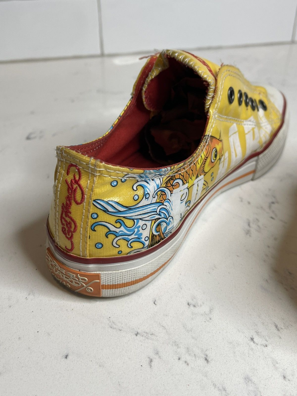 Ed Hardy Y2K Ed Hardy Low Top Sneakers Yellow w Fish Print Logo Sz 9 Size US 9 / IT 39 - 5 Thumbnail