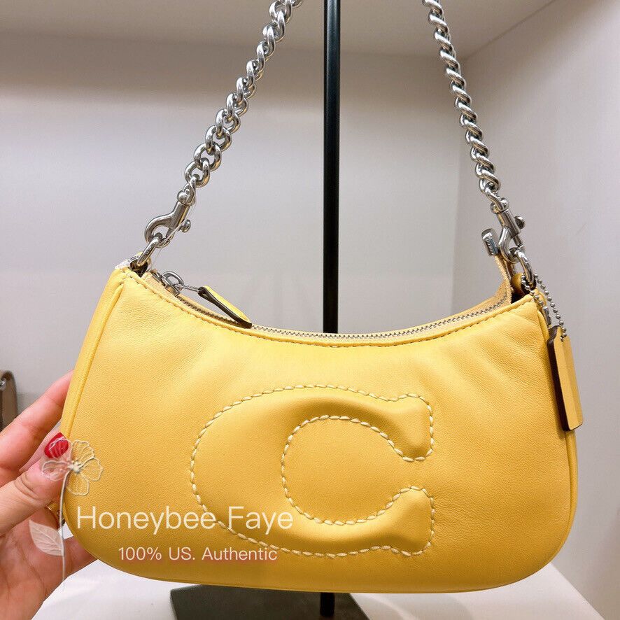 image of NWT Coach Teri Shoulder Bag With Signature Quilting in Silver/Retro Yellow, Women's