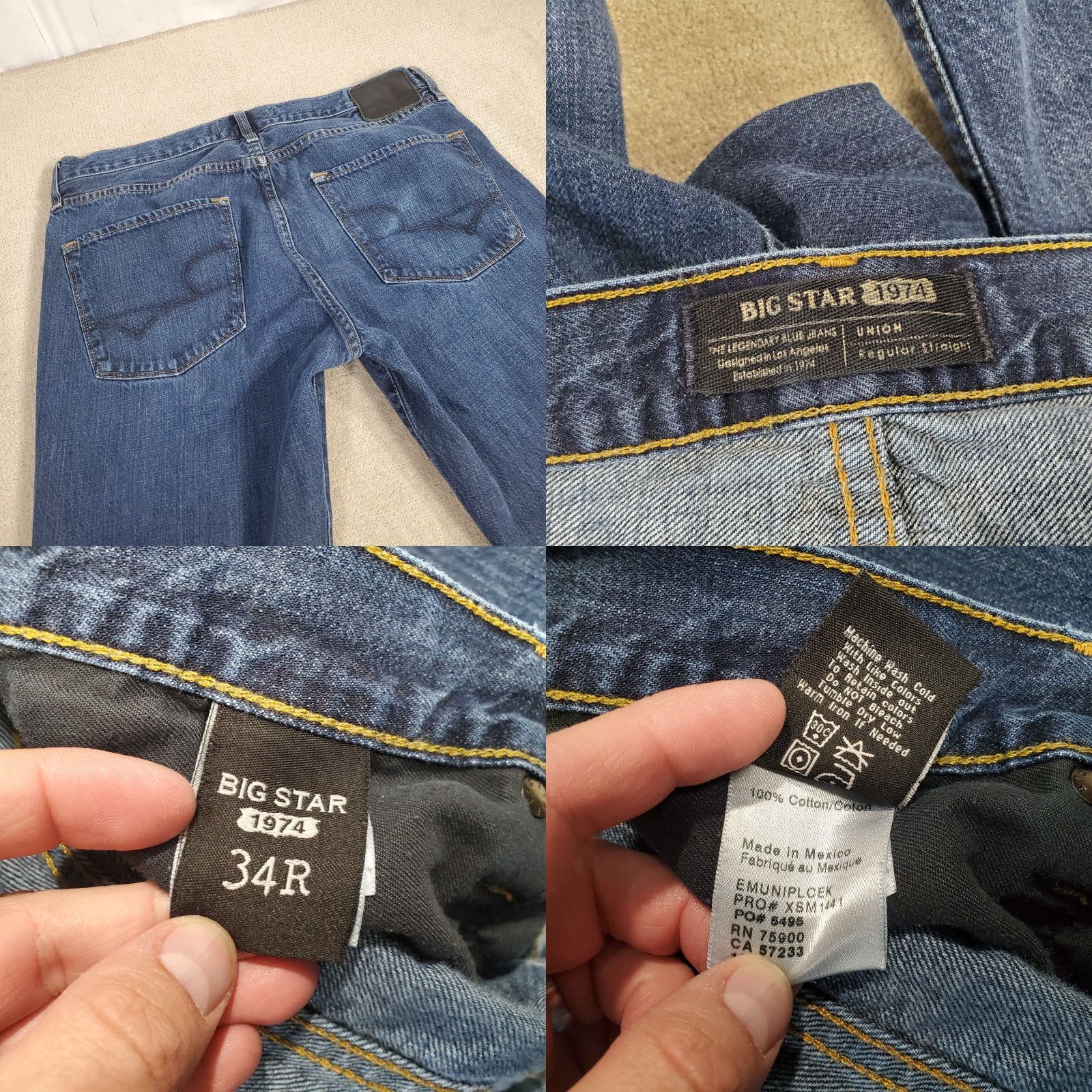 Denime BIG STAR Jeans Mens 34 R Blue Regular Straight Leg Dark Wash Denim Size US 34 / EU 50 - 8 Thumbnail