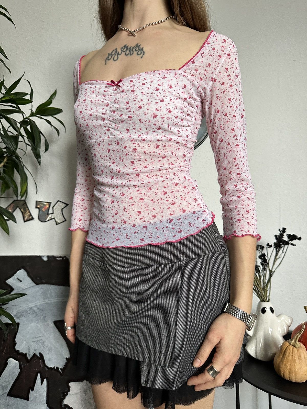 Japanese Brand × Vintage Baby Doll Cute Coquette Mesh Blouse Floral Top 3/4 Sleeve Size XS / US 0-2 / IT 36-38 - 6 Thumbnail