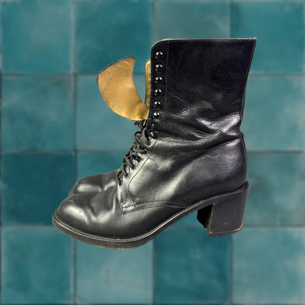 Lancel FREE LANCE Boots Womens 6 Black Leather Lace Up Mid Calf Block Heel 4301 Size US 6 / IT 36 - 1 Thumbnail