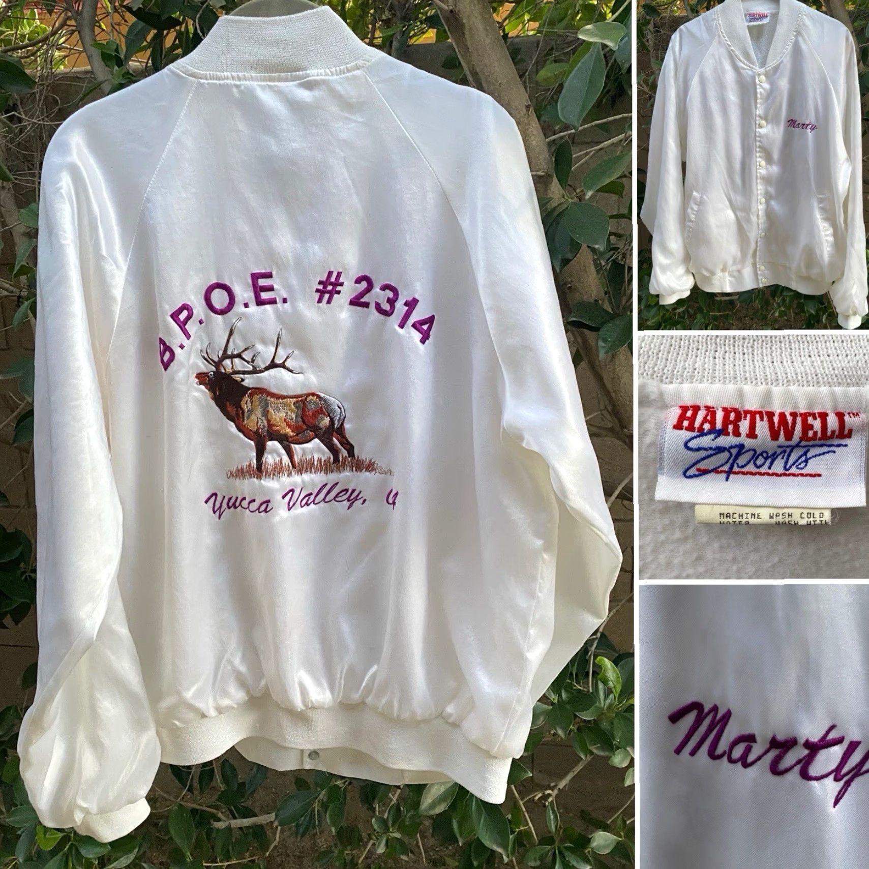 Vintage VINTAGE Hartwell Sports Jacket Elks Bomber Satin Satin Jacket White USA Large L Men Stand-Up Collar Embroidered Yucca Valley CA Elk Sports Vintage Size US L / EU 52-54 / 3 - 2 Thumbnail