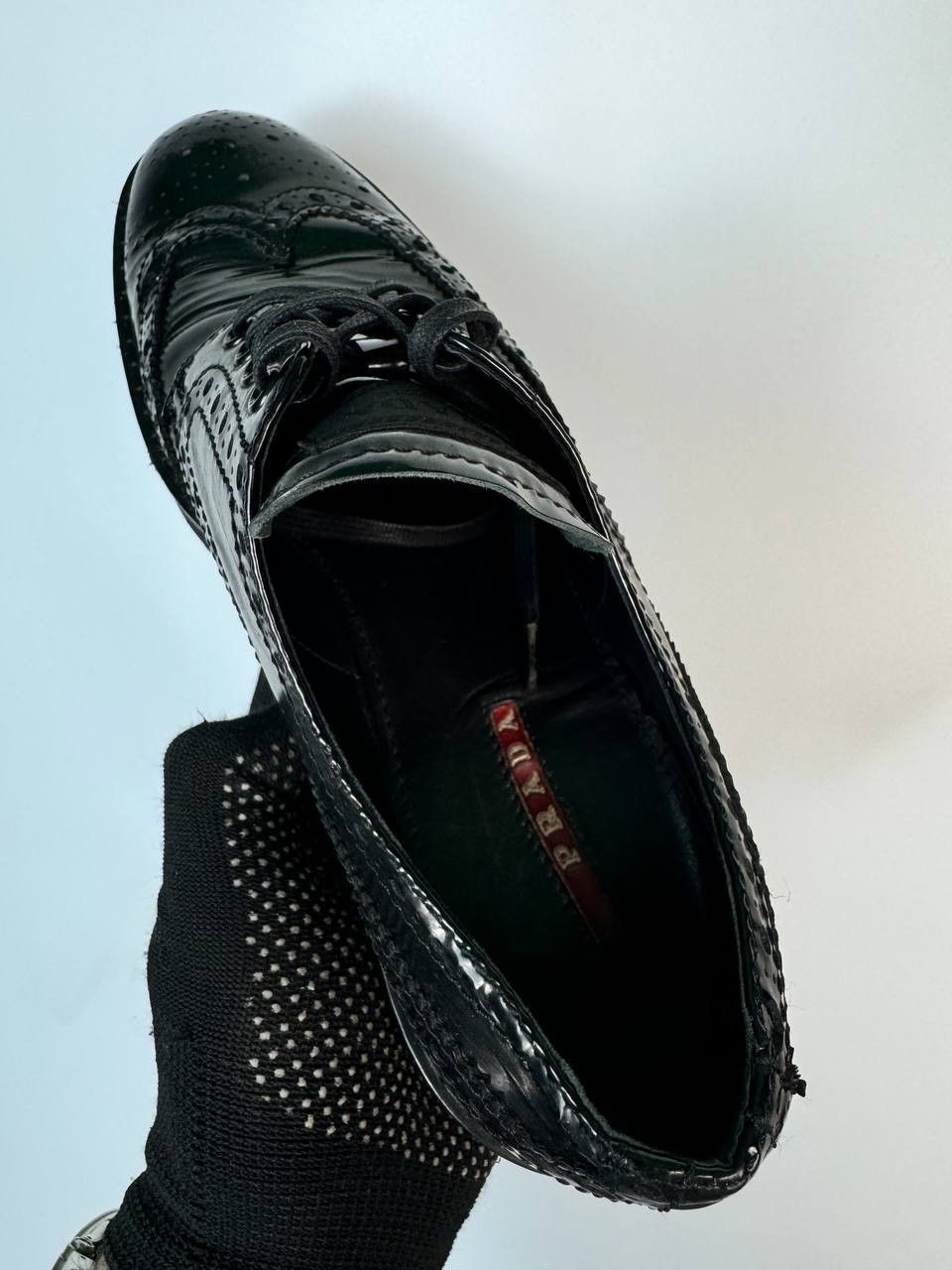 Prada × Vintage PRADA 3E5739 Dress Shoe Sport Wingtip Black Enamel Used Size US 9 / IT 39 - 5 Thumbnail