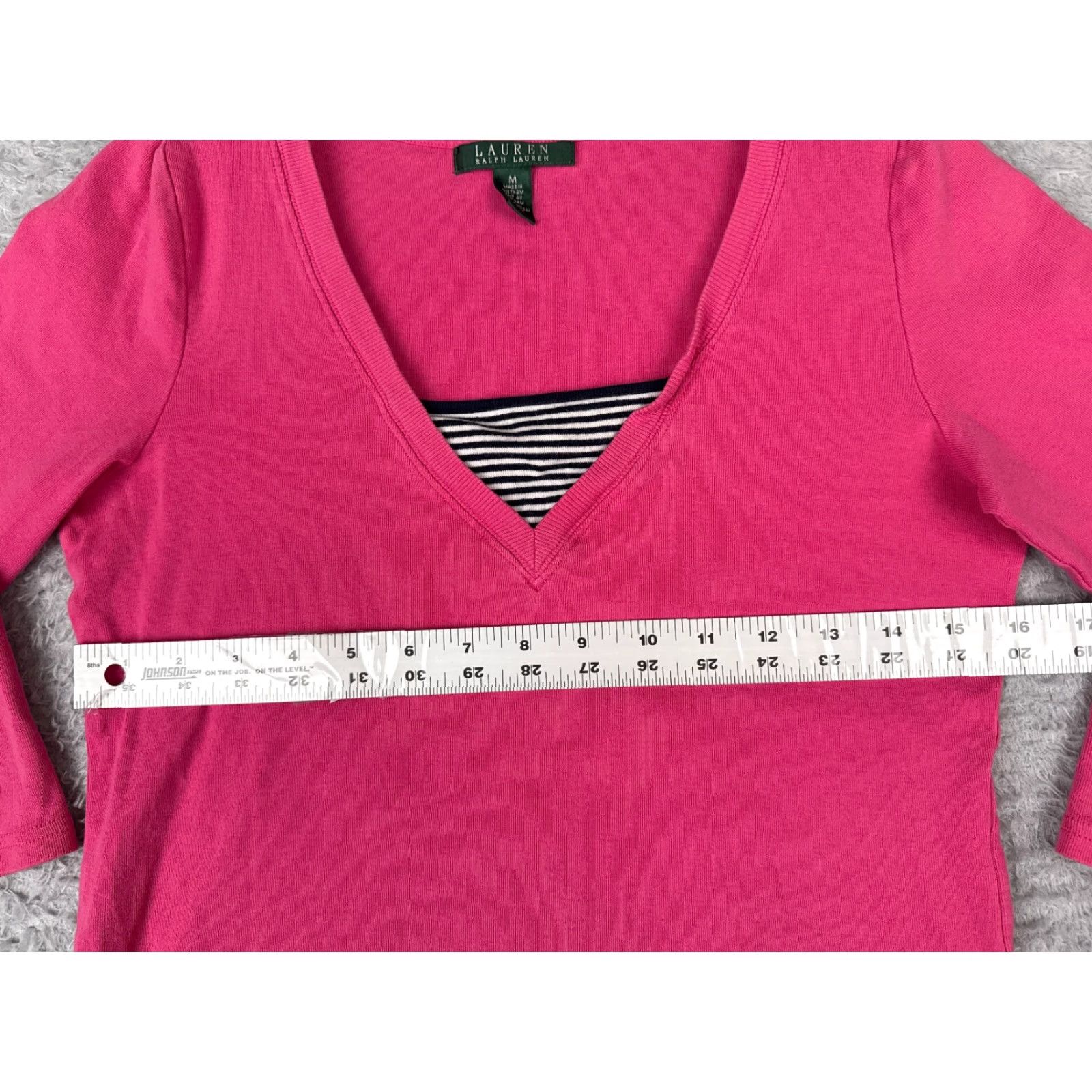 Ralph Lauren VINTAGE Lauren Ralph Lauren Shirt Women M Pink Stripe V-Neck 3/4 Sleeve Cotton City Logo Striped Casual Mens Womens Shirts Size M / US 6-8 / IT 42-44 - 7 Thumbnail