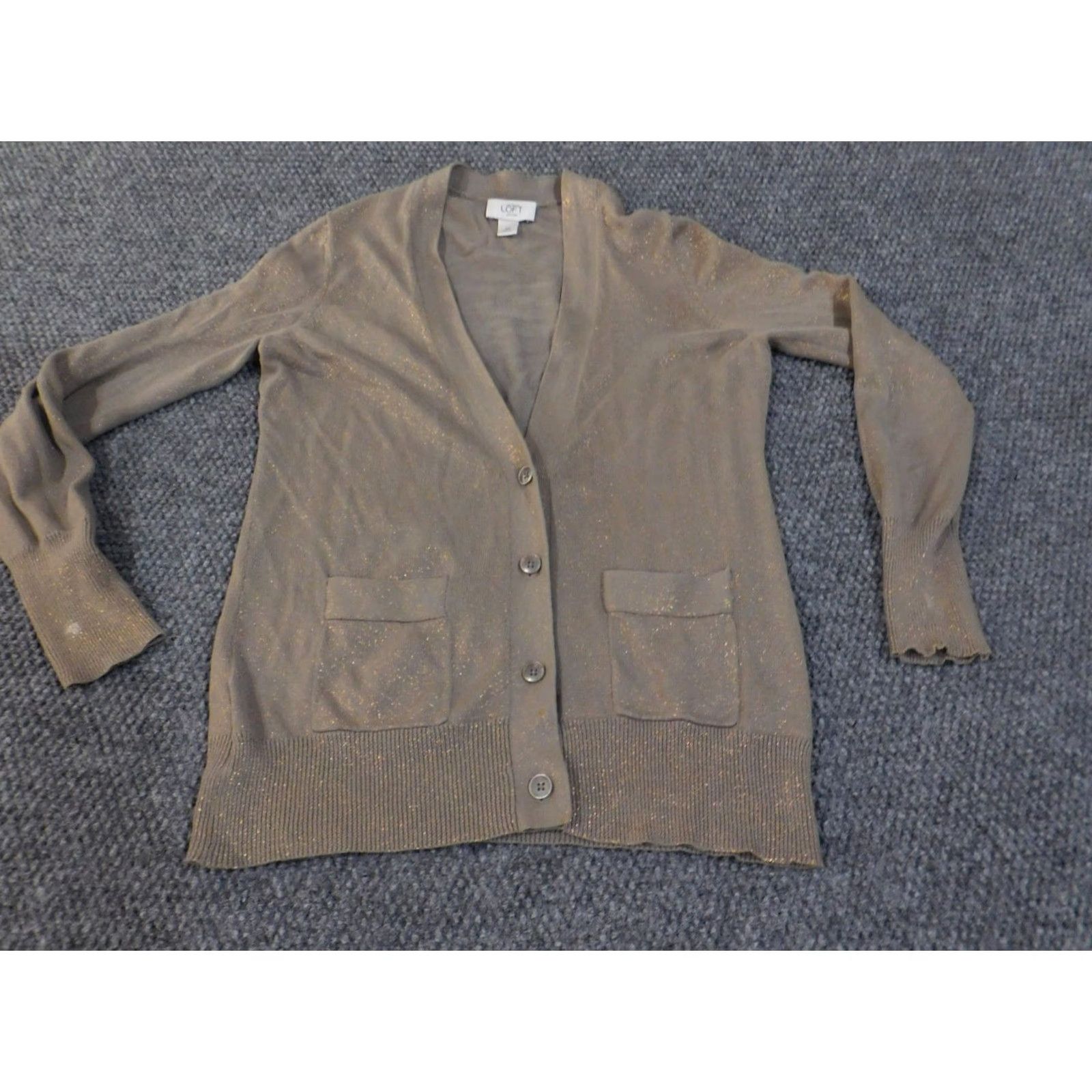 Ann Taylor Ann Taylor LOFT Cardigan Sweater Womens Small Petite Brown Gold Metallic Pockets Knit V-Neck Lightweight Shimmer Size S / US 4 / IT 40 - 6 Thumbnail