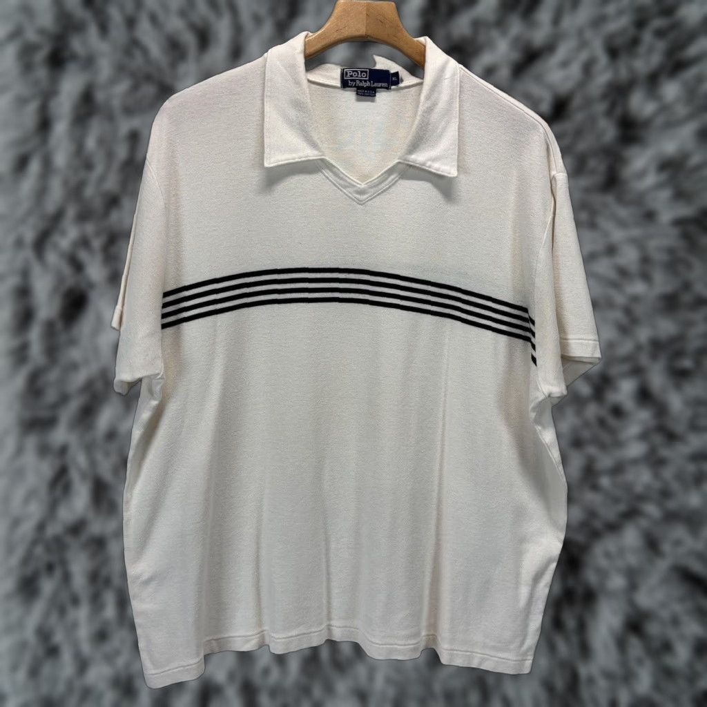 Ralph Lauren VINTAGE Ralph Lauren Polo Knit Shirt Men XL White Navy Striped 90s USA Casual Short Sleeve Cotton Knit Mens Size US XL / EU 56 / 4 - 1 Thumbnail