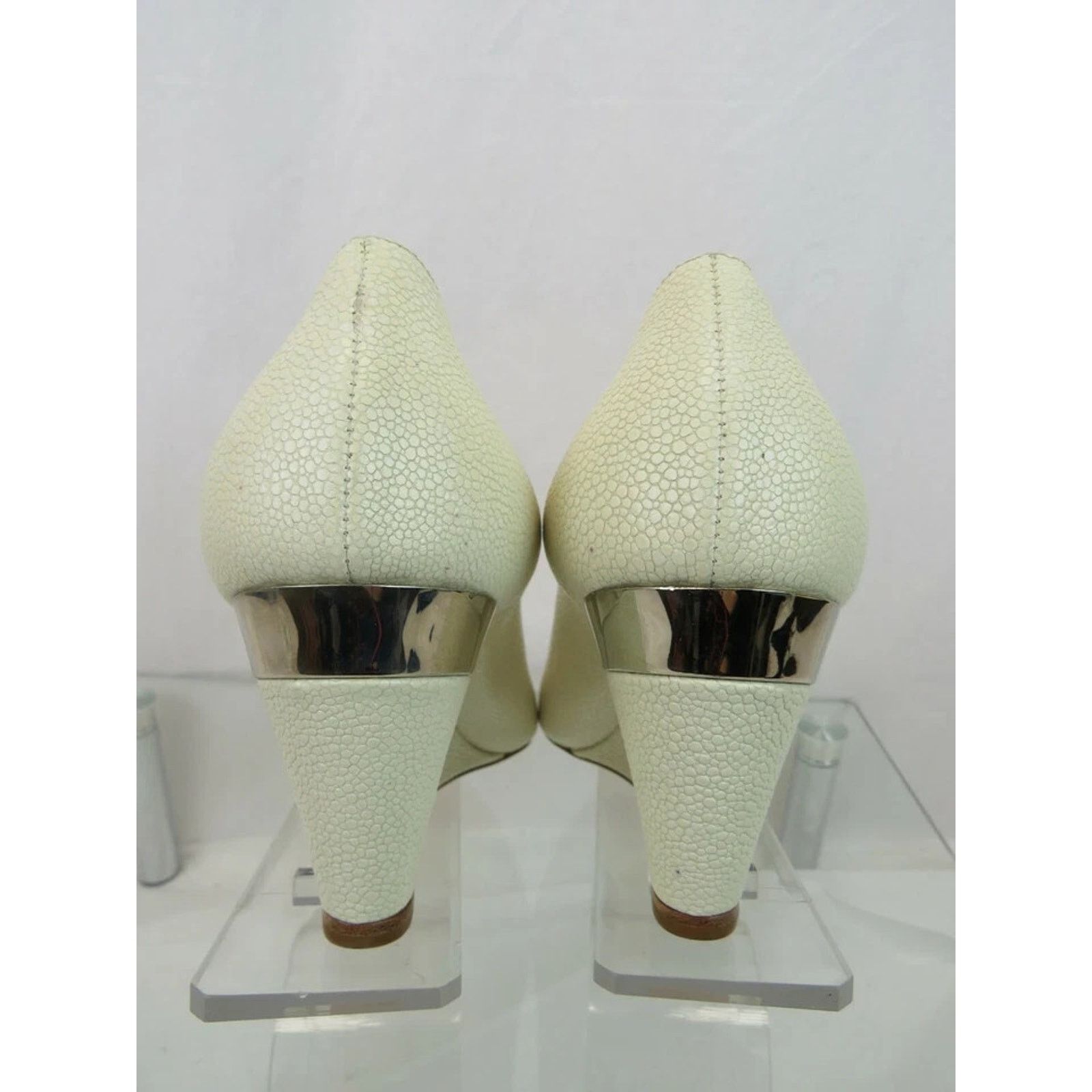 Miu Miu MIU MIU PRADA 5KZ019 WHITE PEARL LEATHER PEEP TOE WEDGES 40 Size US 10 / IT 40 - 3 Thumbnail