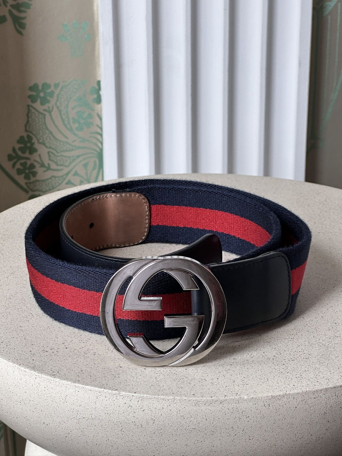 Gucci Gucci Gold Buckle Red Blue Stripe Belt | Grailed
