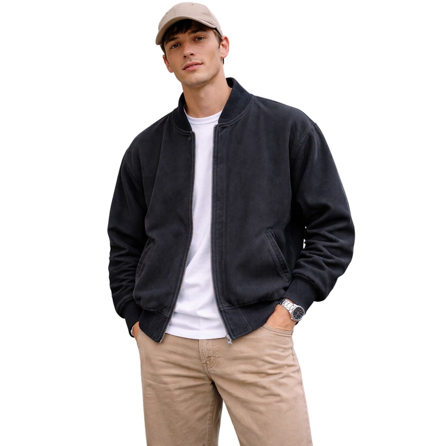 Other Aberdeen Collection Waffle Knit Zip Jacket Black L 1990s Size US L / EU 52-54 / 3 - 1 Thumbnail