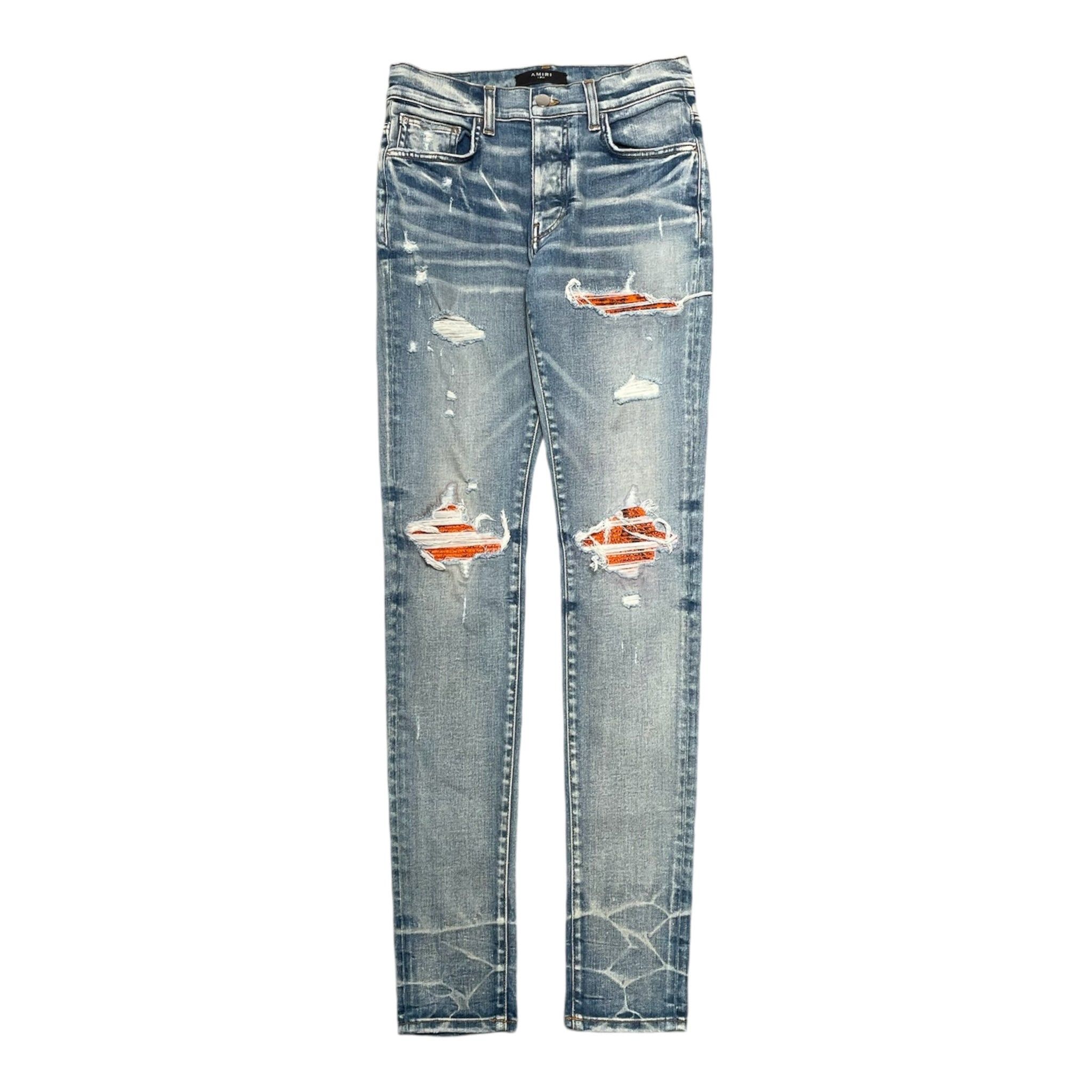 Amiri Amiri MX1 Cracked Orange Leather Jeans Clay Indigo | Grailed