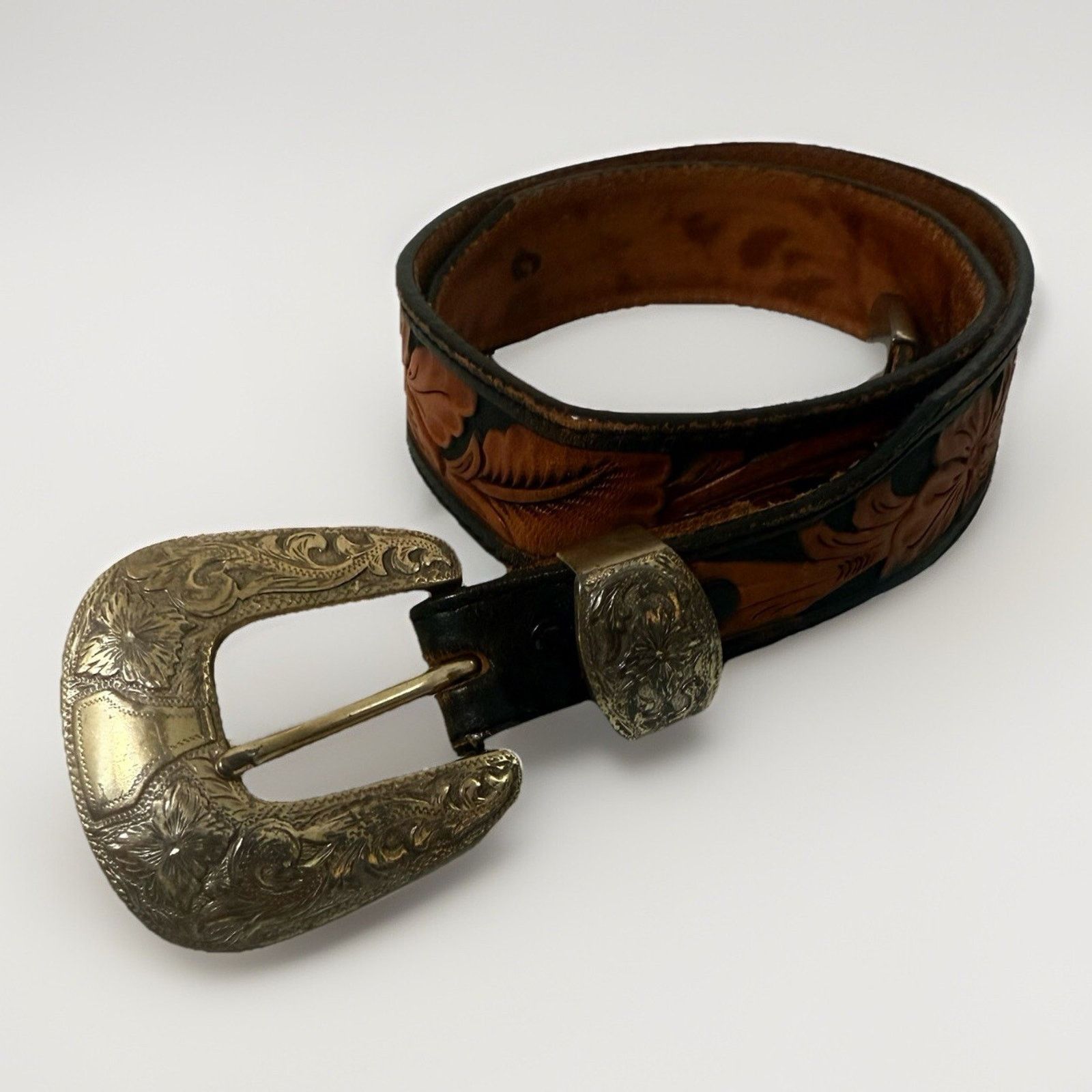 Tony Lama Vintage Belt Hand Tooled Buckle Western Leather Inlay Cowboy Size 32 - 1 Thumbnail