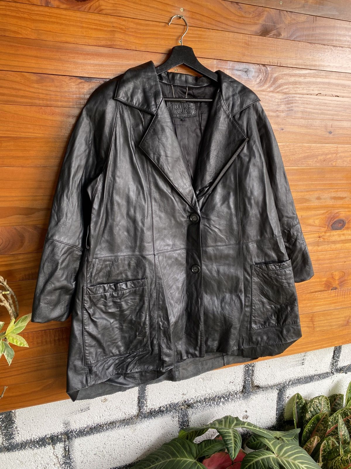 Pepe Jeans Vintage PePe Black Jacket Oversized Real Leather Coat Size L / US 10 / IT 46 - 5 Thumbnail