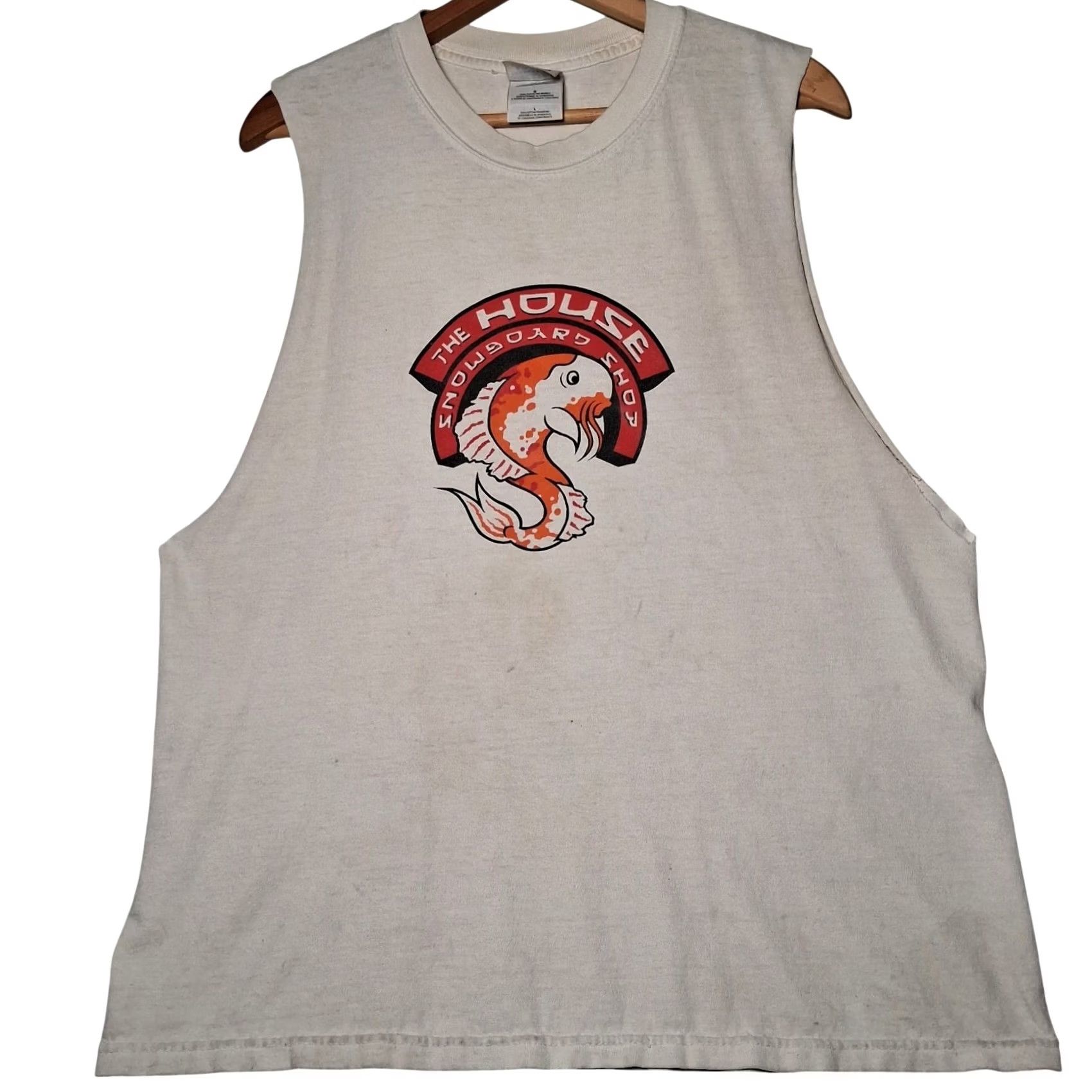 Gildan The House Snowboard Shop Muscle Shirt L Fish Distressed Snowboarding St Paul MN Mens Size US L / EU 52-54 / 3 - 3 Thumbnail